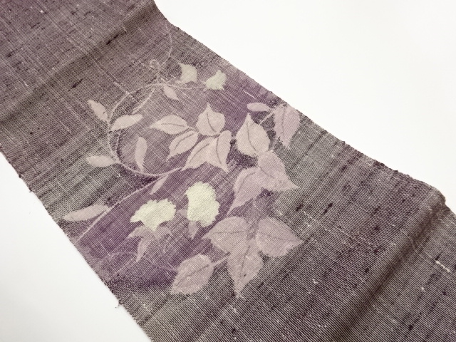  紗 手織り真綿紬花葉模様織出し名古屋帯